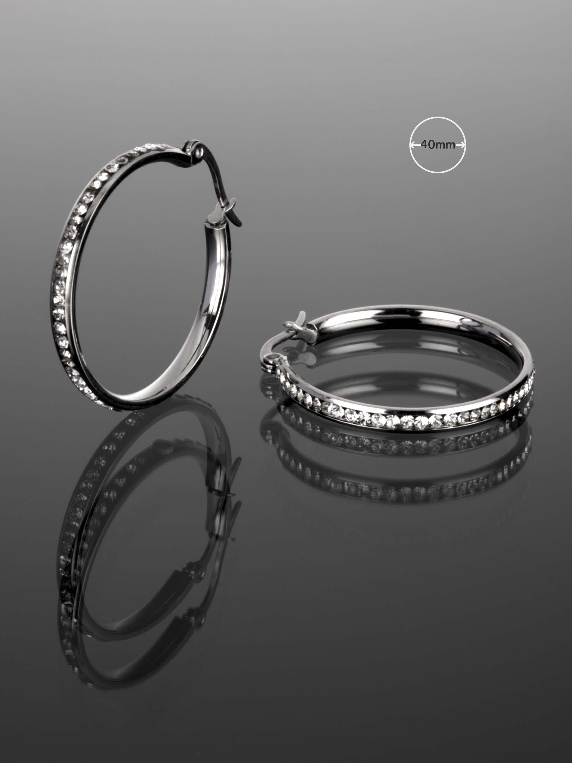 Luxusní masivní kruhové náušnice z chirurgické oceli s drobnými čirými krystaly  NE1564-0107